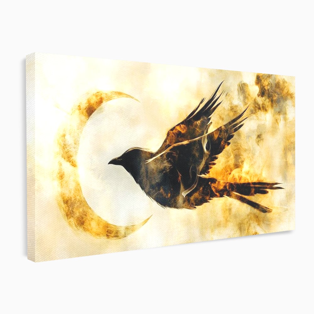 Tablou Canvas Premium, LuxCanva® M1099, Zbor printre Flacari, Semiluna, Corb, Zbor, Flacara, Foc, Cenusa, Magie, Silueta, Simbol, Spirit, Birou, Living, Camera Copil