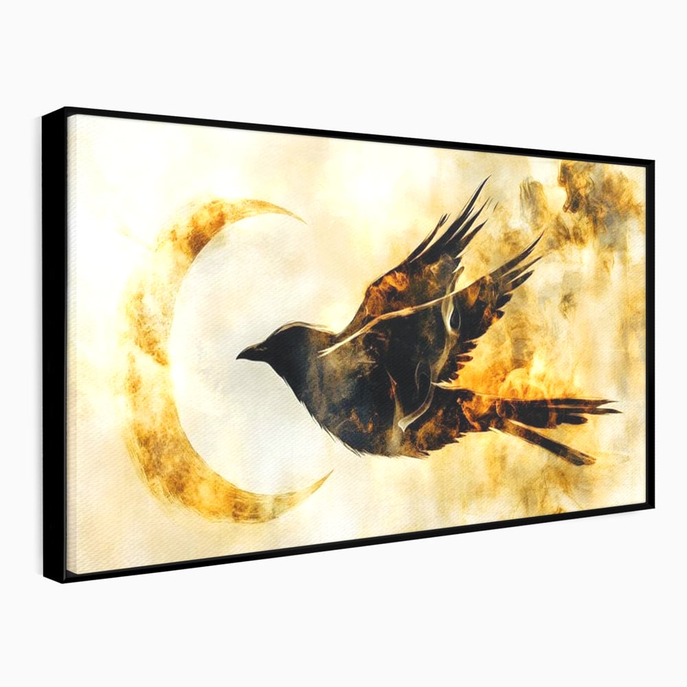 Tablou Canvas Premium, LuxCanva® M1099, Zbor printre Flacari, Semiluna, Corb, Zbor, Flacara, Foc, Cenusa, Magie, Silueta, Simbol, Spirit, Birou, Living, Camera Copil