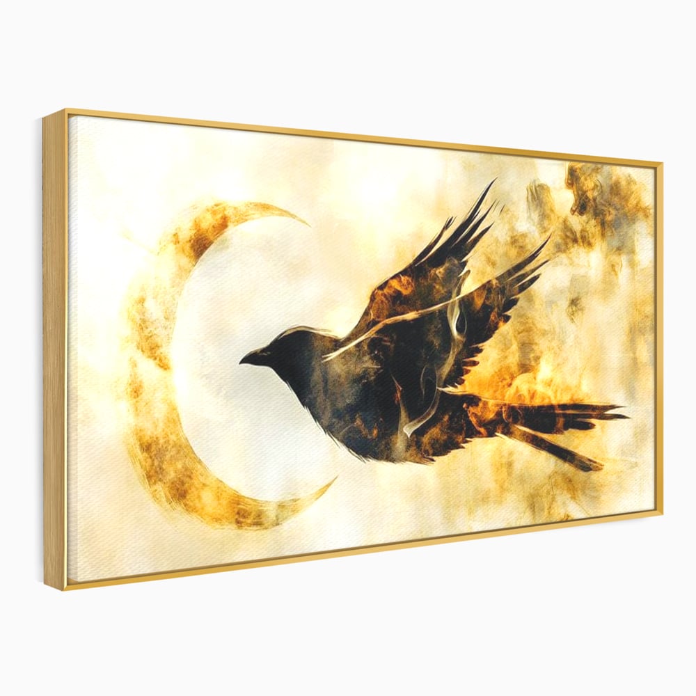 Tablou Canvas Premium, LuxCanva® M1099, Zbor printre Flacari, Semiluna, Corb, Zbor, Flacara, Foc, Cenusa, Magie, Silueta, Simbol, Spirit, Birou, Living, Camera Copil