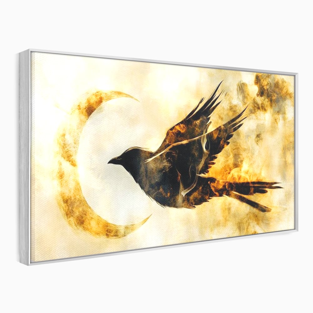 Tablou Canvas Premium, LuxCanva® M1099, Zbor printre Flacari, Semiluna, Corb, Zbor, Flacara, Foc, Cenusa, Magie, Silueta, Simbol, Spirit, Birou, Living, Camera Copil