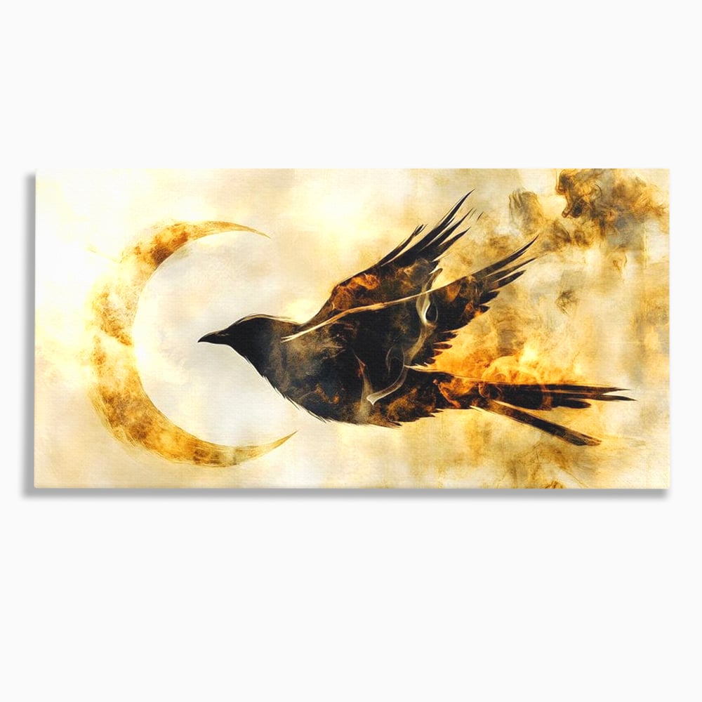 Tablou Canvas Premium, LuxCanva® M1099, Zbor printre Flacari, Semiluna, Corb, Zbor, Flacara, Foc, Cenusa, Magie, Silueta, Simbol, Spirit, Birou, Living, Camera Copil