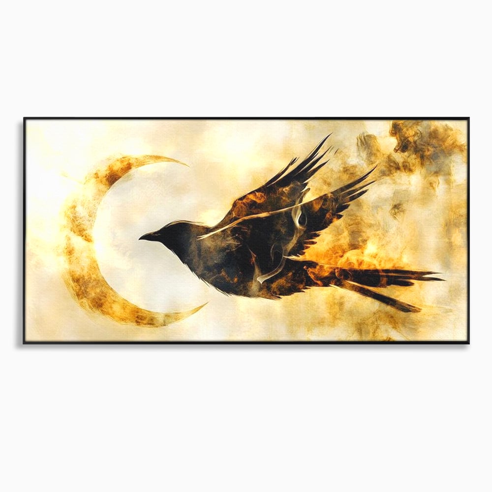 Tablou Canvas Premium, LuxCanva® M1099, Zbor printre Flacari, Semiluna, Corb, Zbor, Flacara, Foc, Cenusa, Magie, Silueta, Simbol, Spirit, Birou, Living, Camera Copil