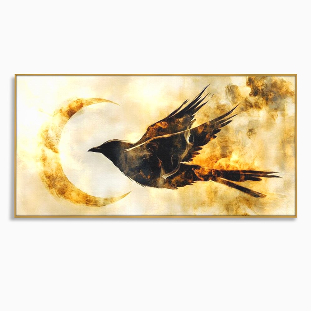 Tablou Canvas Premium, LuxCanva® M1099, Zbor printre Flacari, Semiluna, Corb, Zbor, Flacara, Foc, Cenusa, Magie, Silueta, Simbol, Spirit, Birou, Living, Camera Copil
