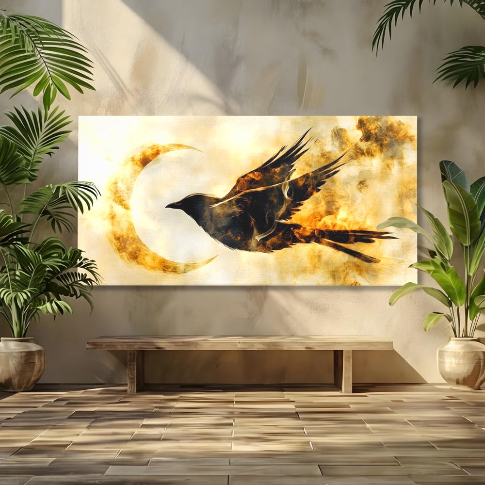 Tablou Canvas Premium, LuxCanva® M1099, Zbor printre Flacari, Semiluna, Corb, Zbor, Flacara, Foc, Cenusa, Magie, Silueta, Simbol, Spirit, Birou, Living, Camera Copil