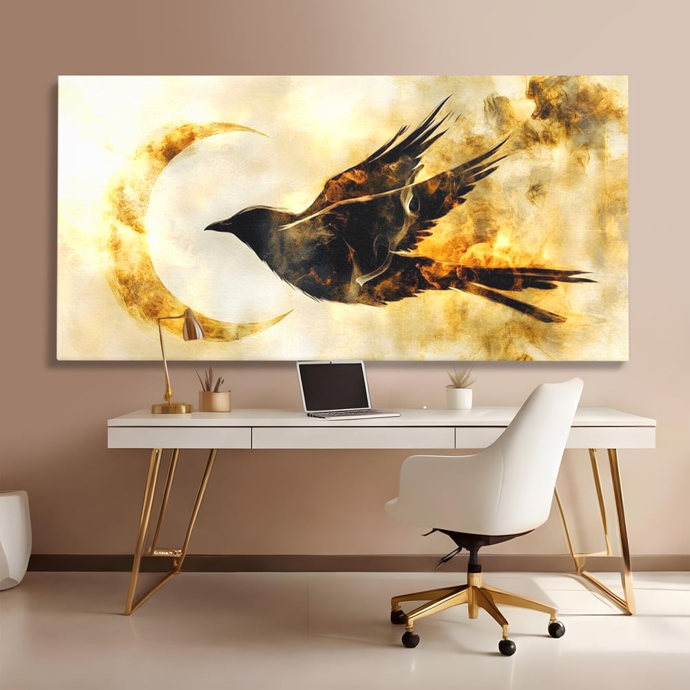 Tablou Canvas Premium, LuxCanva® M1099, Zbor printre Flacari, Semiluna, Corb, Zbor, Flacara, Foc, Cenusa, Magie, Silueta, Simbol, Spirit, Birou, Living, Camera Copil