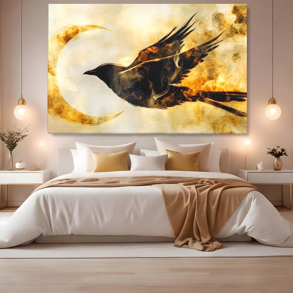 Tablou Canvas Premium, LuxCanva® M1099, Zbor printre Flacari, Semiluna, Corb, Zbor, Flacara, Foc, Cenusa, Magie, Silueta, Simbol, Spirit, Birou, Living, Camera Copil