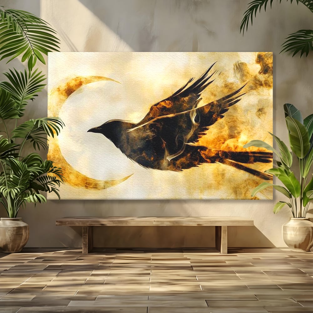 Tablou Canvas Premium, LuxCanva® M1099, Zbor printre Flacari, Semiluna, Corb, Zbor, Flacara, Foc, Cenusa, Magie, Silueta, Simbol, Spirit, Birou, Living, Camera Copil