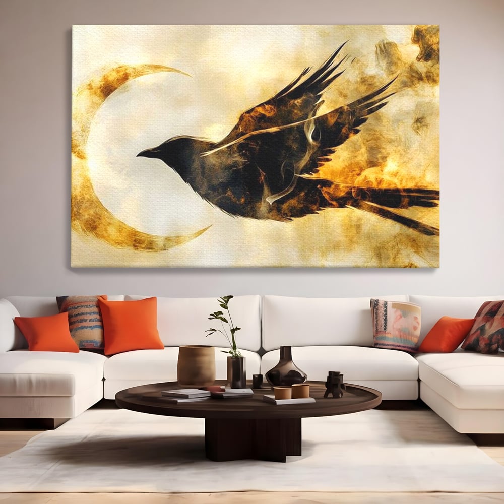 Tablou Canvas Premium, LuxCanva® M1099, Zbor printre Flacari, Semiluna, Corb, Zbor, Flacara, Foc, Cenusa, Magie, Silueta, Simbol, Spirit, Birou, Living, Camera Copil