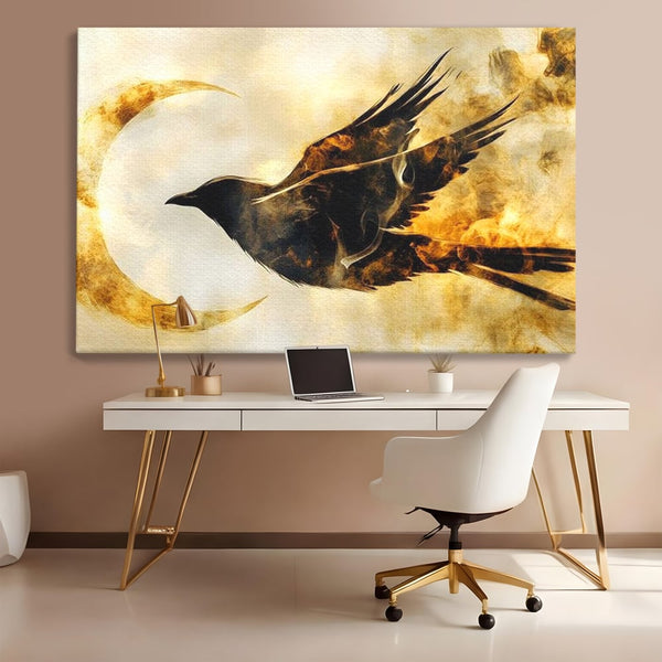 Tablou Canvas Premium, LuxCanva® M1099, Zbor printre Flacari, Semiluna, Corb, Zbor, Flacara, Foc, Cenusa, Magie, Silueta, Simbol, Spirit, Birou, Living, Camera Copil