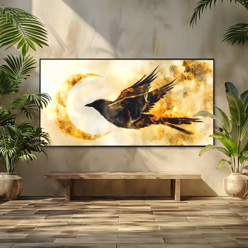 Tablou Canvas Premium, LuxCanva® M1099, Zbor printre Flacari, Semiluna, Corb, Zbor, Flacara, Foc, Cenusa, Magie, Silueta, Simbol, Spirit, Birou, Living, Camera Copil