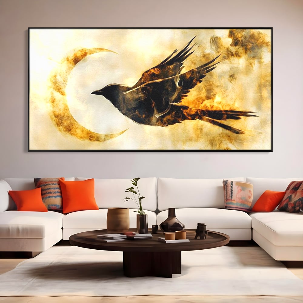 Tablou Canvas Premium, LuxCanva® M1099, Zbor printre Flacari, Semiluna, Corb, Zbor, Flacara, Foc, Cenusa, Magie, Silueta, Simbol, Spirit, Birou, Living, Camera Copil
