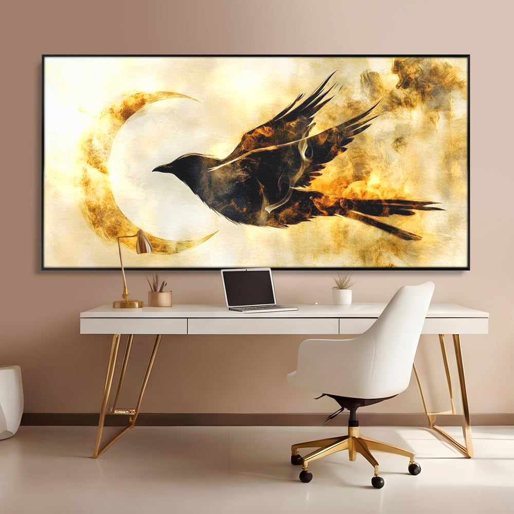 Tablou Canvas Premium, LuxCanva® M1099, Zbor printre Flacari, Semiluna, Corb, Zbor, Flacara, Foc, Cenusa, Magie, Silueta, Simbol, Spirit, Birou, Living, Camera Copil