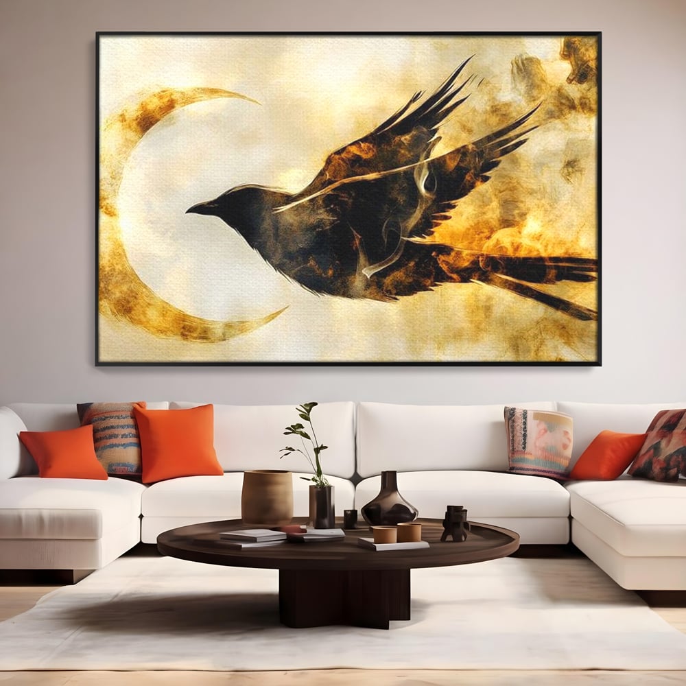 Tablou Canvas Premium, LuxCanva® M1099, Zbor printre Flacari, Semiluna, Corb, Zbor, Flacara, Foc, Cenusa, Magie, Silueta, Simbol, Spirit, Birou, Living, Camera Copil