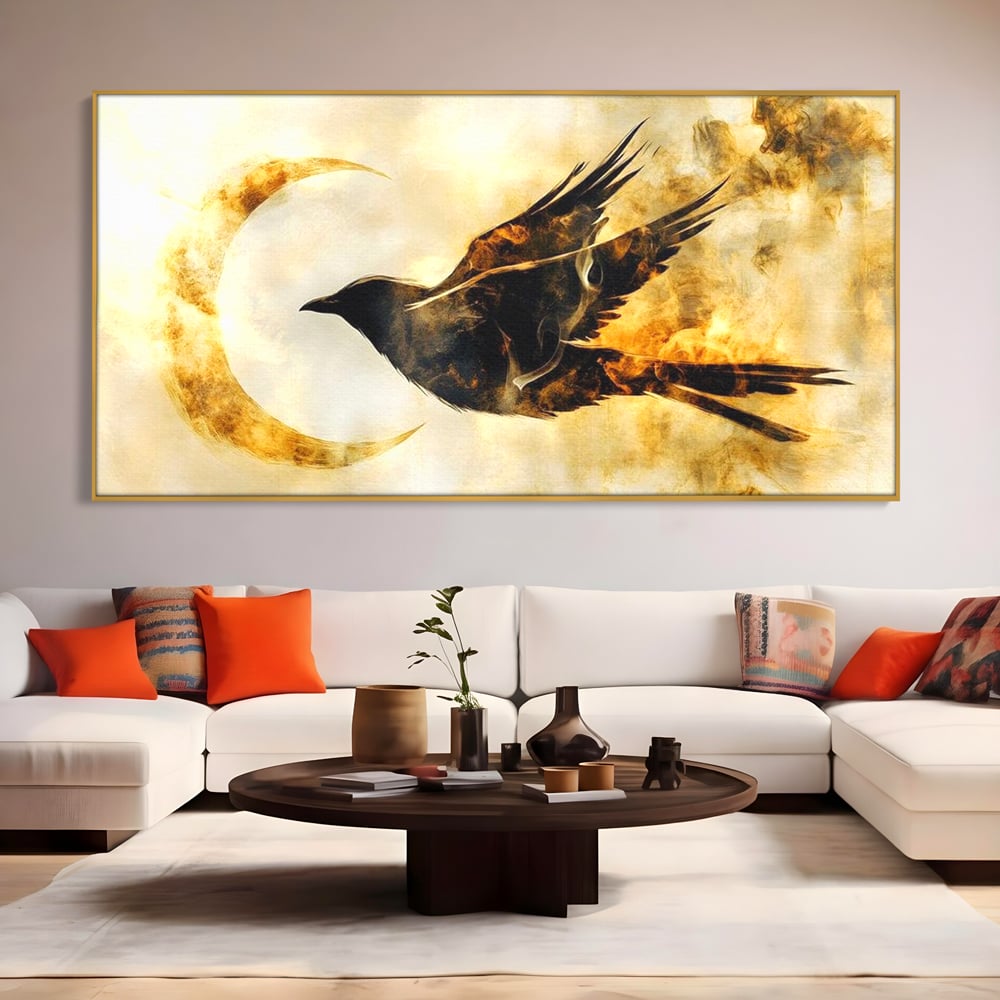 Tablou Canvas Premium, LuxCanva® M1099, Zbor printre Flacari, Semiluna, Corb, Zbor, Flacara, Foc, Cenusa, Magie, Silueta, Simbol, Spirit, Birou, Living, Camera Copil