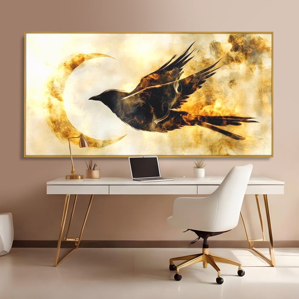 Tablou Canvas Premium, LuxCanva® M1099, Zbor printre Flacari, Semiluna, Corb, Zbor, Flacara, Foc, Cenusa, Magie, Silueta, Simbol, Spirit, Birou, Living, Camera Copil