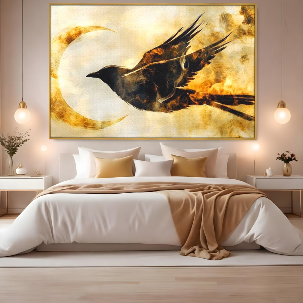 Tablou Canvas Premium, LuxCanva® M1099, Zbor printre Flacari, Semiluna, Corb, Zbor, Flacara, Foc, Cenusa, Magie, Silueta, Simbol, Spirit, Birou, Living, Camera Copil