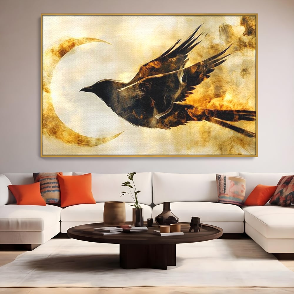 Tablou Canvas Premium, LuxCanva® M1099, Zbor printre Flacari, Semiluna, Corb, Zbor, Flacara, Foc, Cenusa, Magie, Silueta, Simbol, Spirit, Birou, Living, Camera Copil