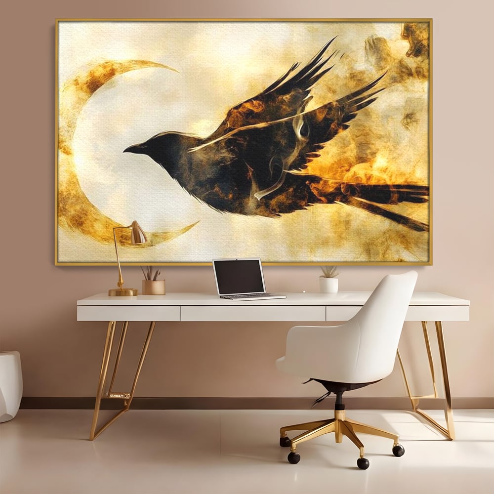 Tablou Canvas Premium, LuxCanva® M1099, Zbor printre Flacari, Semiluna, Corb, Zbor, Flacara, Foc, Cenusa, Magie, Silueta, Simbol, Spirit, Birou, Living, Camera Copil
