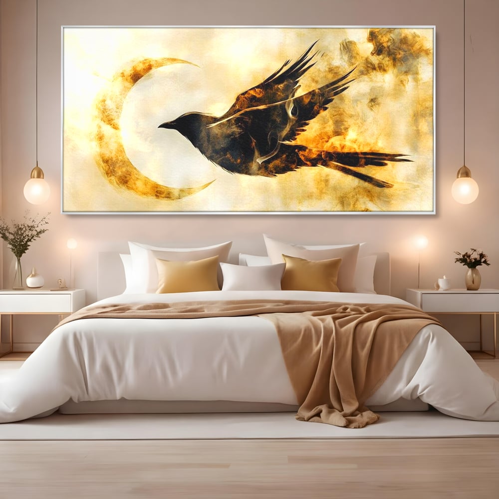 Tablou Canvas Premium, LuxCanva® M1099, Zbor printre Flacari, Semiluna, Corb, Zbor, Flacara, Foc, Cenusa, Magie, Silueta, Simbol, Spirit, Birou, Living, Camera Copil