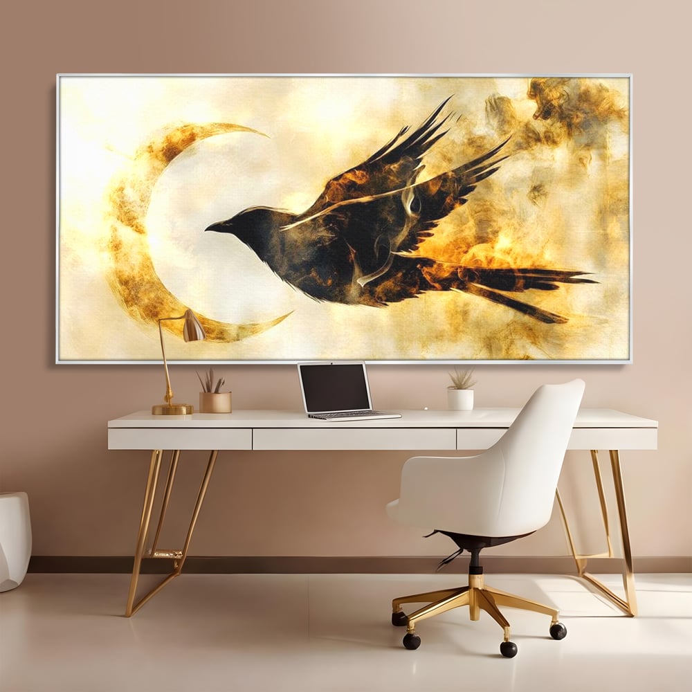 Tablou Canvas Premium, LuxCanva® M1099, Zbor printre Flacari, Semiluna, Corb, Zbor, Flacara, Foc, Cenusa, Magie, Silueta, Simbol, Spirit, Birou, Living, Camera Copil