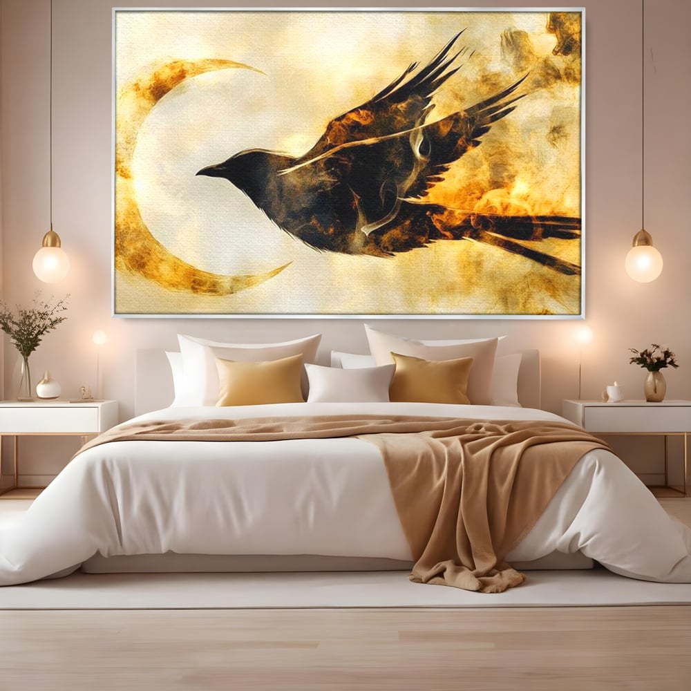 Tablou Canvas Premium, LuxCanva® M1099, Zbor printre Flacari, Semiluna, Corb, Zbor, Flacara, Foc, Cenusa, Magie, Silueta, Simbol, Spirit, Birou, Living, Camera Copil