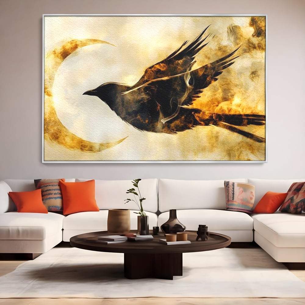 Tablou Canvas Premium, LuxCanva® M1099, Zbor printre Flacari, Semiluna, Corb, Zbor, Flacara, Foc, Cenusa, Magie, Silueta, Simbol, Spirit, Birou, Living, Camera Copil