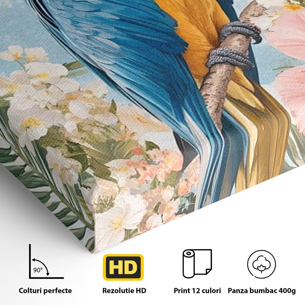 Tablou Canvas Premium, LuxCanva® M1100, Perla Amazonului, Papagal, Exotic, Flori, Frunze, Hibiscus, Acuarela, Jungla, Pastel, Vara, Anotimp, Pictura, Birou, Living, Camera Copil