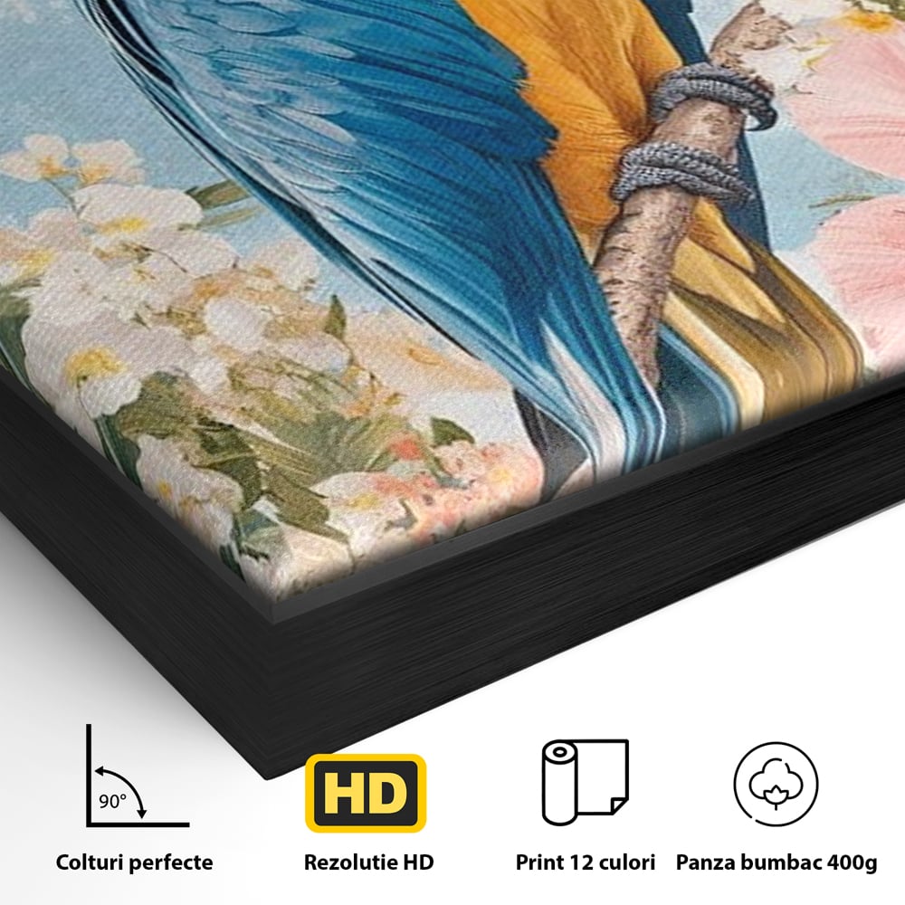 Tablou Canvas Premium, LuxCanva® M1100, Perla Amazonului, Papagal, Exotic, Flori, Frunze, Hibiscus, Acuarela, Jungla, Pastel, Vara, Anotimp, Pictura, Birou, Living, Camera Copil