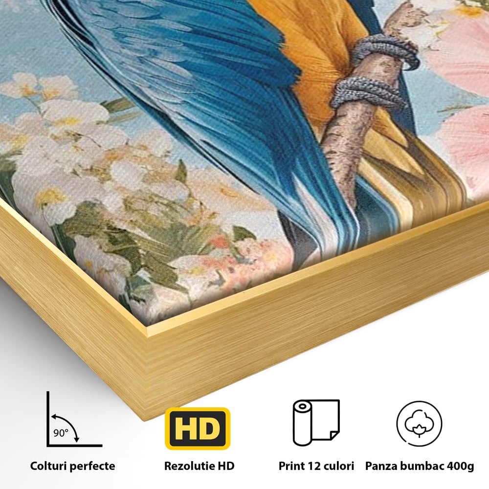 Tablou Canvas Premium, LuxCanva® M1100, Perla Amazonului, Papagal, Exotic, Flori, Frunze, Hibiscus, Acuarela, Jungla, Pastel, Vara, Anotimp, Pictura, Birou, Living, Camera Copil