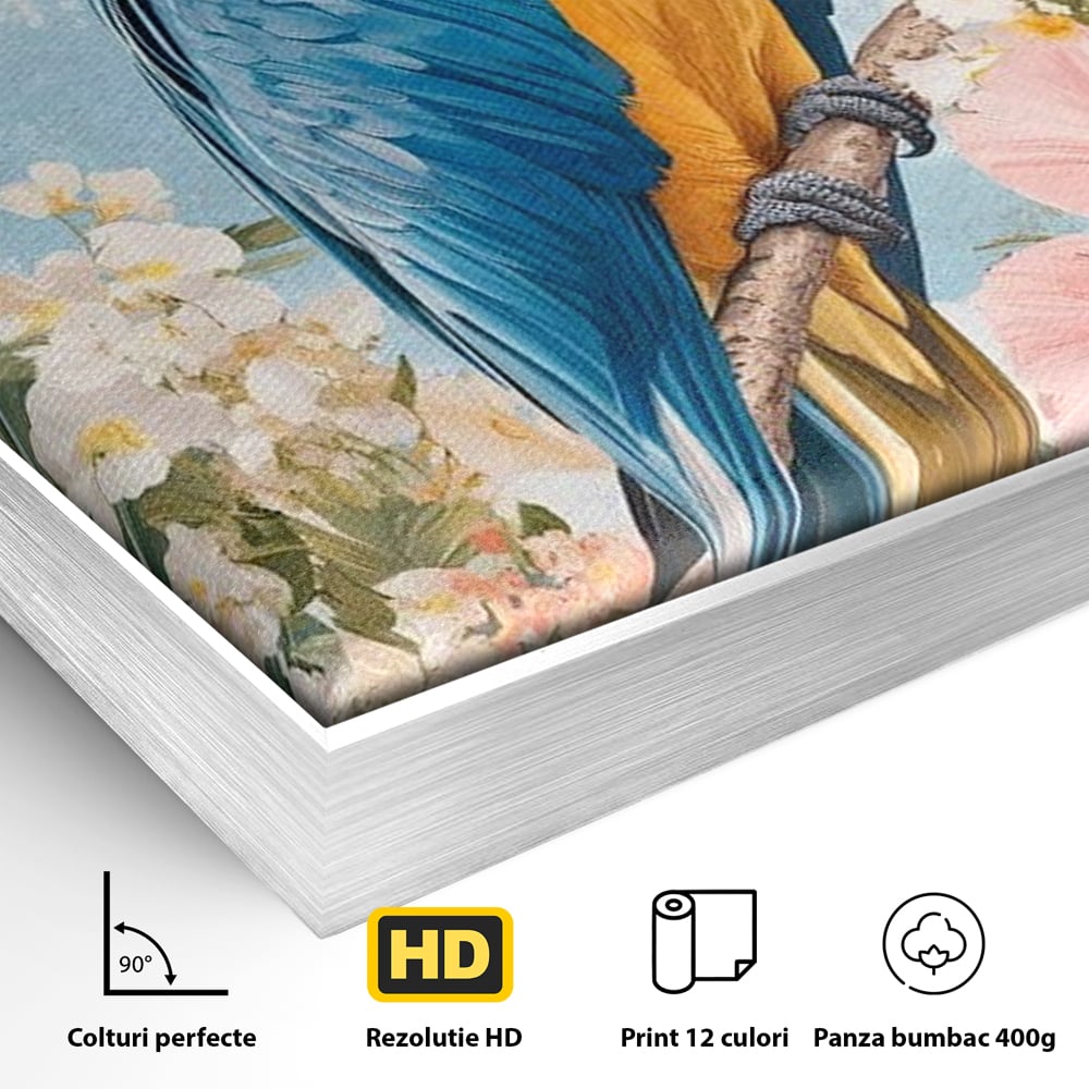 Tablou Canvas Premium, LuxCanva® M1100, Perla Amazonului, Papagal, Exotic, Flori, Frunze, Hibiscus, Acuarela, Jungla, Pastel, Vara, Anotimp, Pictura, Birou, Living, Camera Copil