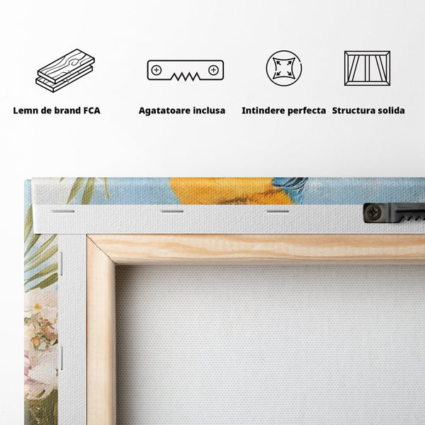Tablou Canvas Premium, LuxCanva® M1100, Perla Amazonului, Papagal, Exotic, Flori, Frunze, Hibiscus, Acuarela, Jungla, Pastel, Vara, Anotimp, Pictura, Birou, Living, Camera Copil