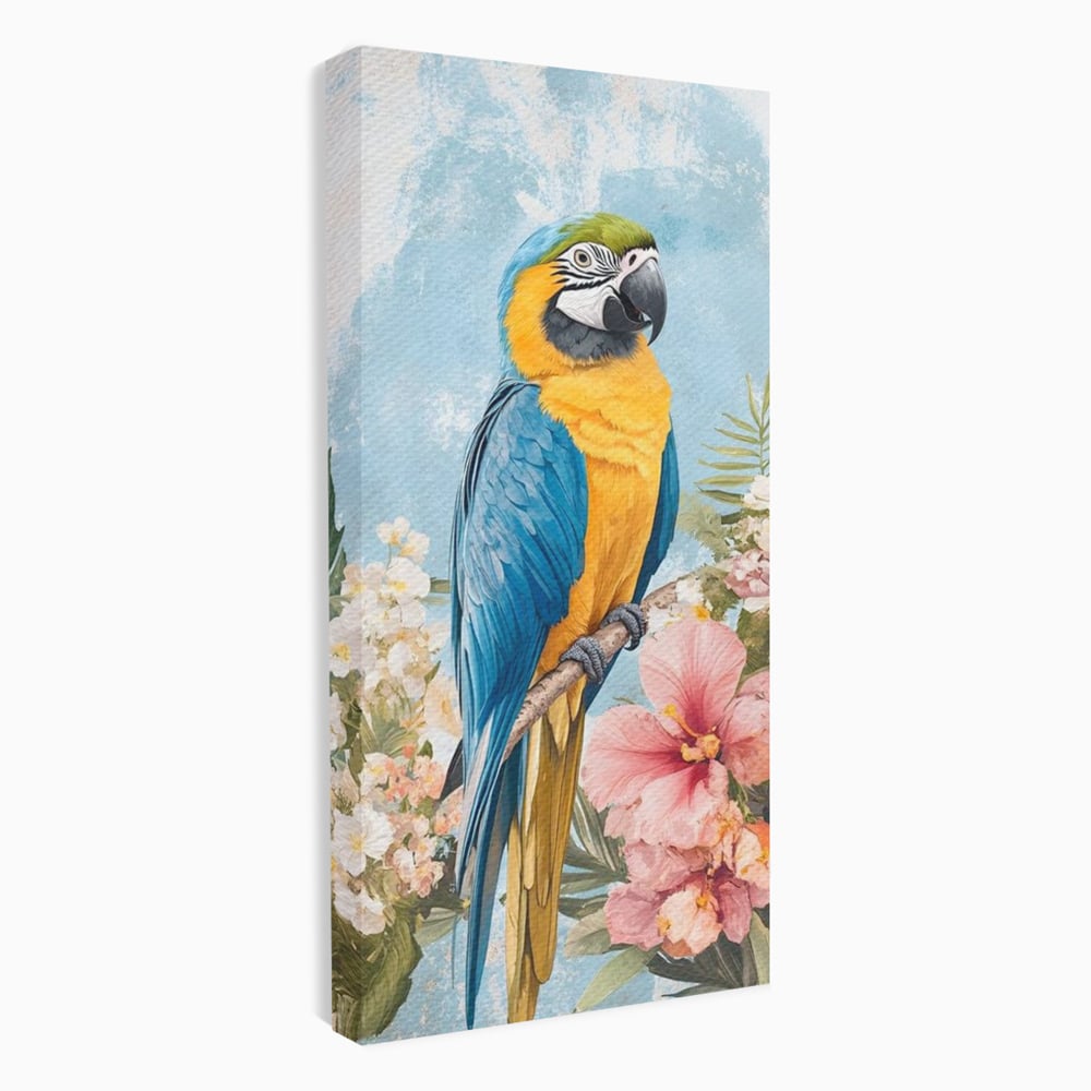 Tablou Canvas Premium, LuxCanva® M1100, Perla Amazonului, Papagal, Exotic, Flori, Frunze, Hibiscus, Acuarela, Jungla, Pastel, Vara, Anotimp, Pictura, Birou, Living, Camera Copil