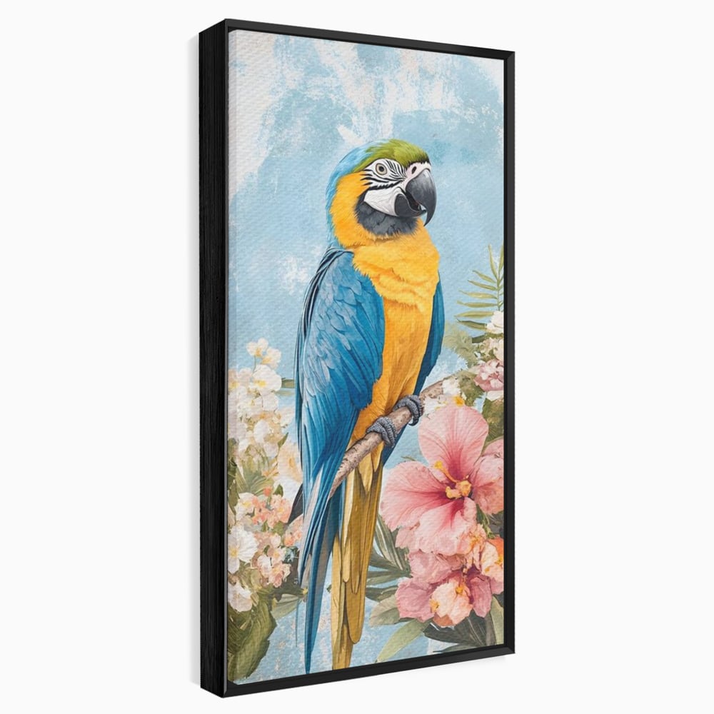 Tablou Canvas Premium, LuxCanva® M1100, Perla Amazonului, Papagal, Exotic, Flori, Frunze, Hibiscus, Acuarela, Jungla, Pastel, Vara, Anotimp, Pictura, Birou, Living, Camera Copil