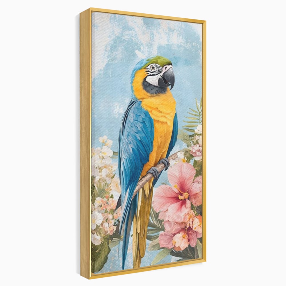 Tablou Canvas Premium, LuxCanva® M1100, Perla Amazonului, Papagal, Exotic, Flori, Frunze, Hibiscus, Acuarela, Jungla, Pastel, Vara, Anotimp, Pictura, Birou, Living, Camera Copil