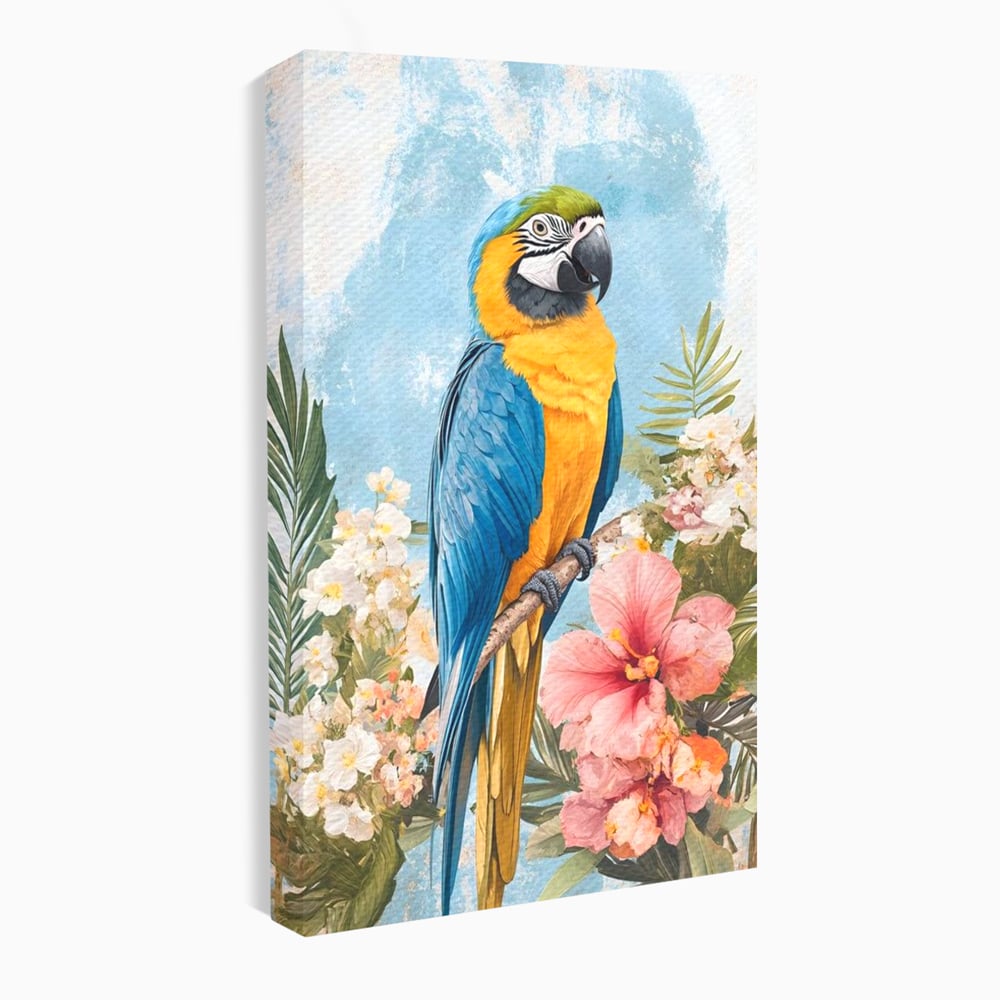 Tablou Canvas Premium, LuxCanva® M1100, Perla Amazonului, Papagal, Exotic, Flori, Frunze, Hibiscus, Acuarela, Jungla, Pastel, Vara, Anotimp, Pictura, Birou, Living, Camera Copil