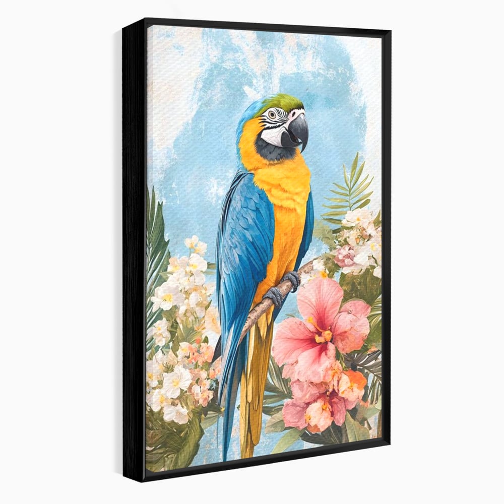Tablou Canvas Premium, LuxCanva® M1100, Perla Amazonului, Papagal, Exotic, Flori, Frunze, Hibiscus, Acuarela, Jungla, Pastel, Vara, Anotimp, Pictura, Birou, Living, Camera Copil