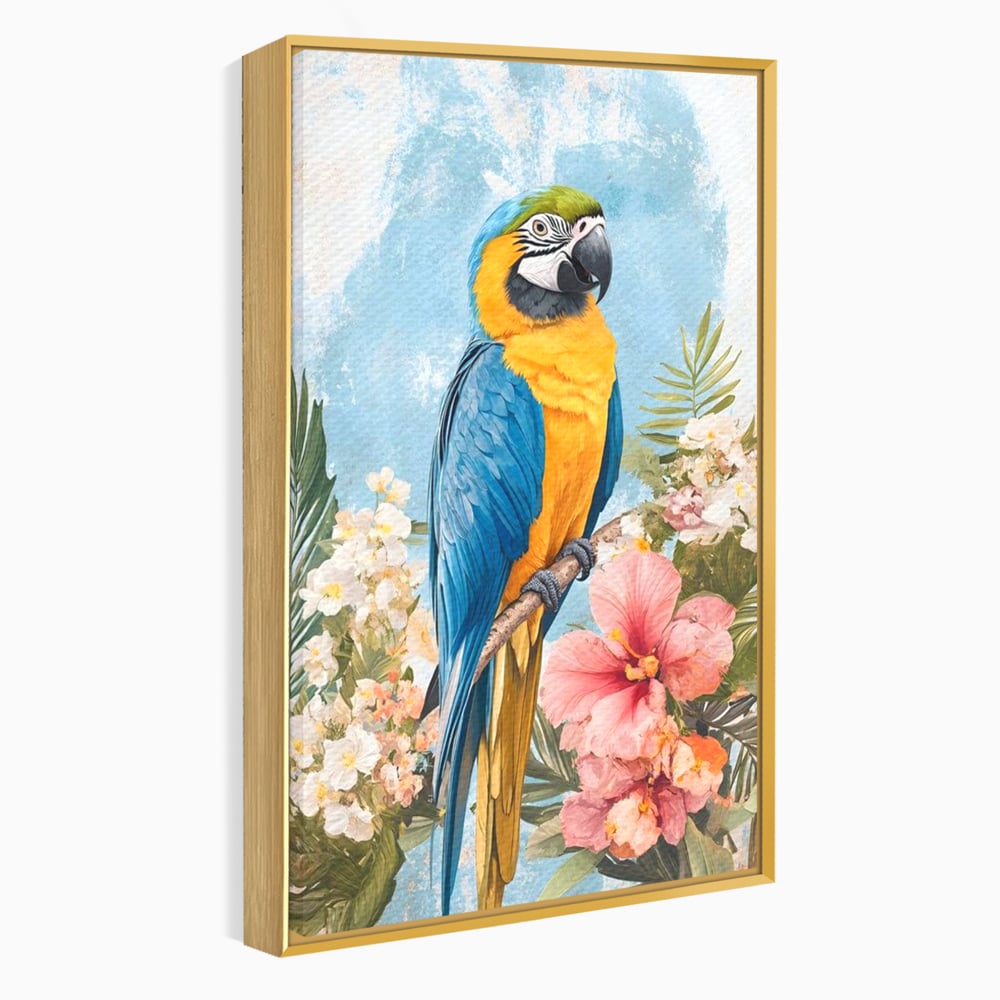 Tablou Canvas Premium, LuxCanva® M1100, Perla Amazonului, Papagal, Exotic, Flori, Frunze, Hibiscus, Acuarela, Jungla, Pastel, Vara, Anotimp, Pictura, Birou, Living, Camera Copil