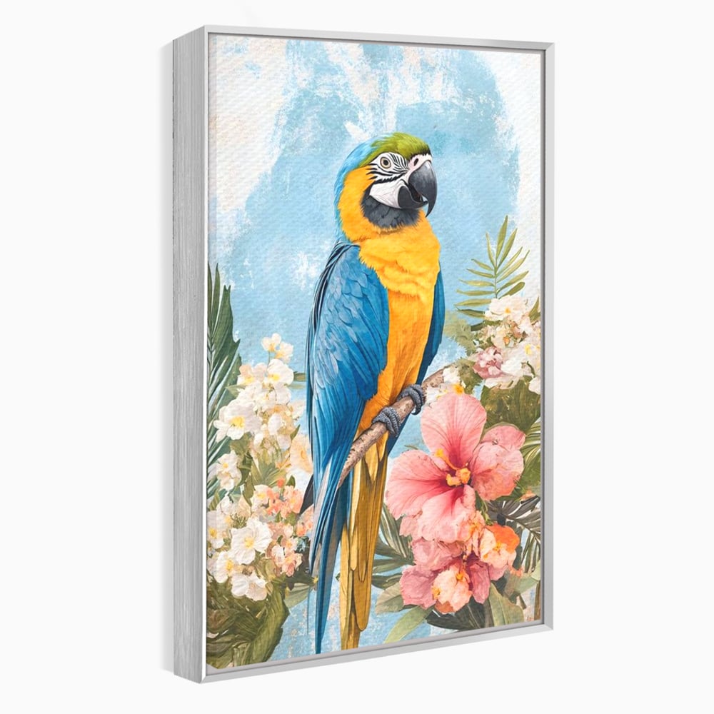 Tablou Canvas Premium, LuxCanva® M1100, Perla Amazonului, Papagal, Exotic, Flori, Frunze, Hibiscus, Acuarela, Jungla, Pastel, Vara, Anotimp, Pictura, Birou, Living, Camera Copil