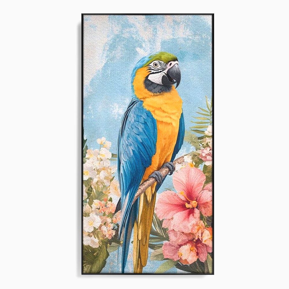 Tablou Canvas Premium, LuxCanva® M1100, Perla Amazonului, Papagal, Exotic, Flori, Frunze, Hibiscus, Acuarela, Jungla, Pastel, Vara, Anotimp, Pictura, Birou, Living, Camera Copil