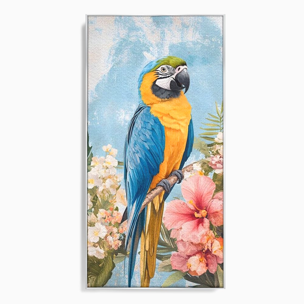 Tablou Canvas Premium, LuxCanva® M1100, Perla Amazonului, Papagal, Exotic, Flori, Frunze, Hibiscus, Acuarela, Jungla, Pastel, Vara, Anotimp, Pictura, Birou, Living, Camera Copil