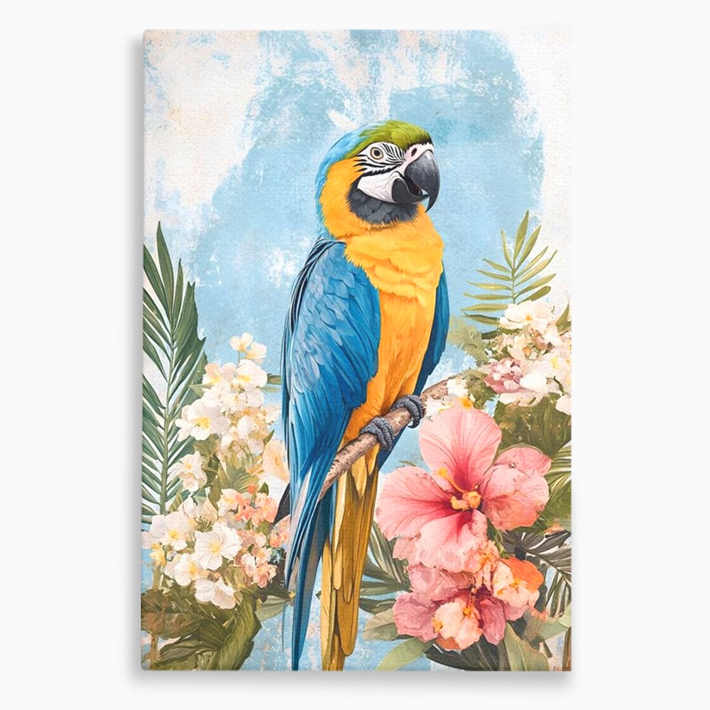 Tablou Canvas Premium, LuxCanva® M1100, Perla Amazonului, Papagal, Exotic, Flori, Frunze, Hibiscus, Acuarela, Jungla, Pastel, Vara, Anotimp, Pictura, Birou, Living, Camera Copil