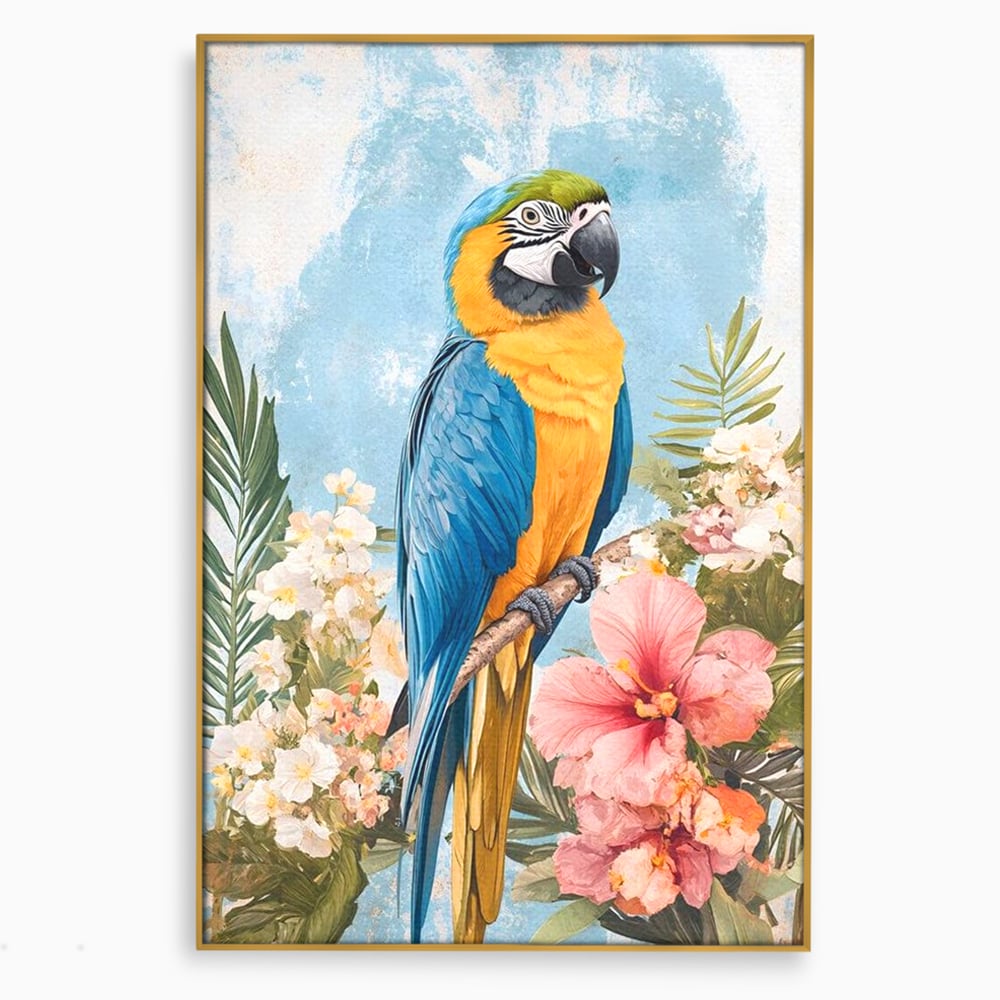Tablou Canvas Premium, LuxCanva® M1100, Perla Amazonului, Papagal, Exotic, Flori, Frunze, Hibiscus, Acuarela, Jungla, Pastel, Vara, Anotimp, Pictura, Birou, Living, Camera Copil