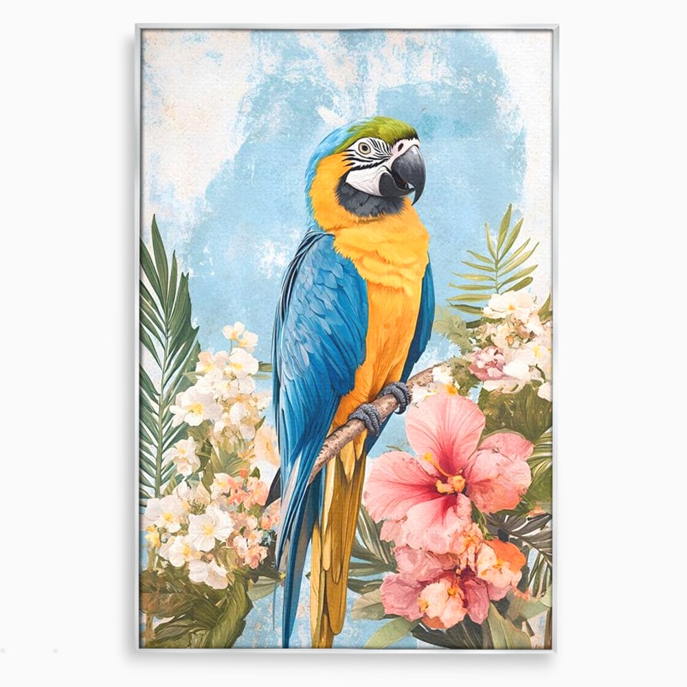 Tablou Canvas Premium, LuxCanva® M1100, Perla Amazonului, Papagal, Exotic, Flori, Frunze, Hibiscus, Acuarela, Jungla, Pastel, Vara, Anotimp, Pictura, Birou, Living, Camera Copil