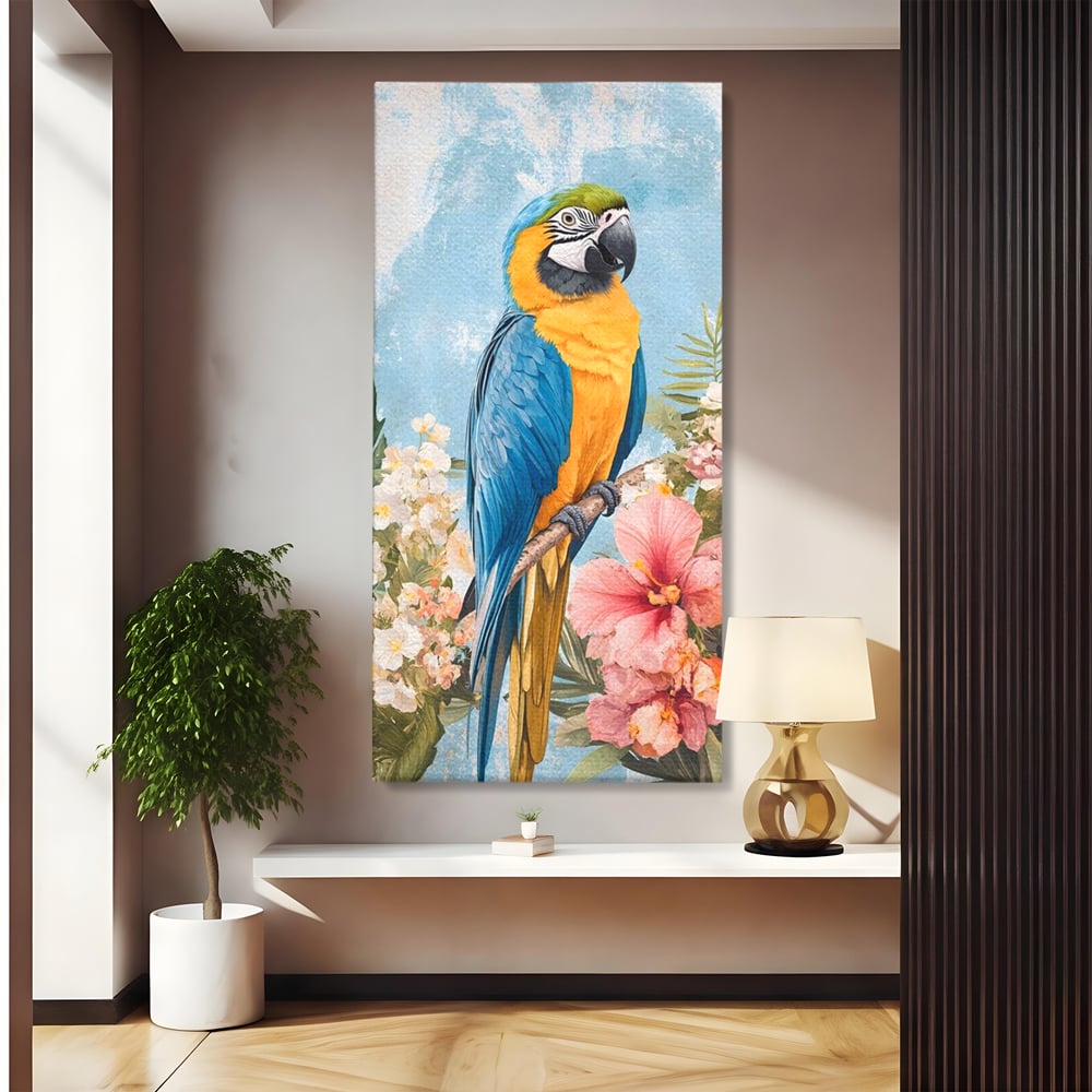 Tablou Canvas Premium, LuxCanva® M1100, Perla Amazonului, Papagal, Exotic, Flori, Frunze, Hibiscus, Acuarela, Jungla, Pastel, Vara, Anotimp, Pictura, Birou, Living, Camera Copil