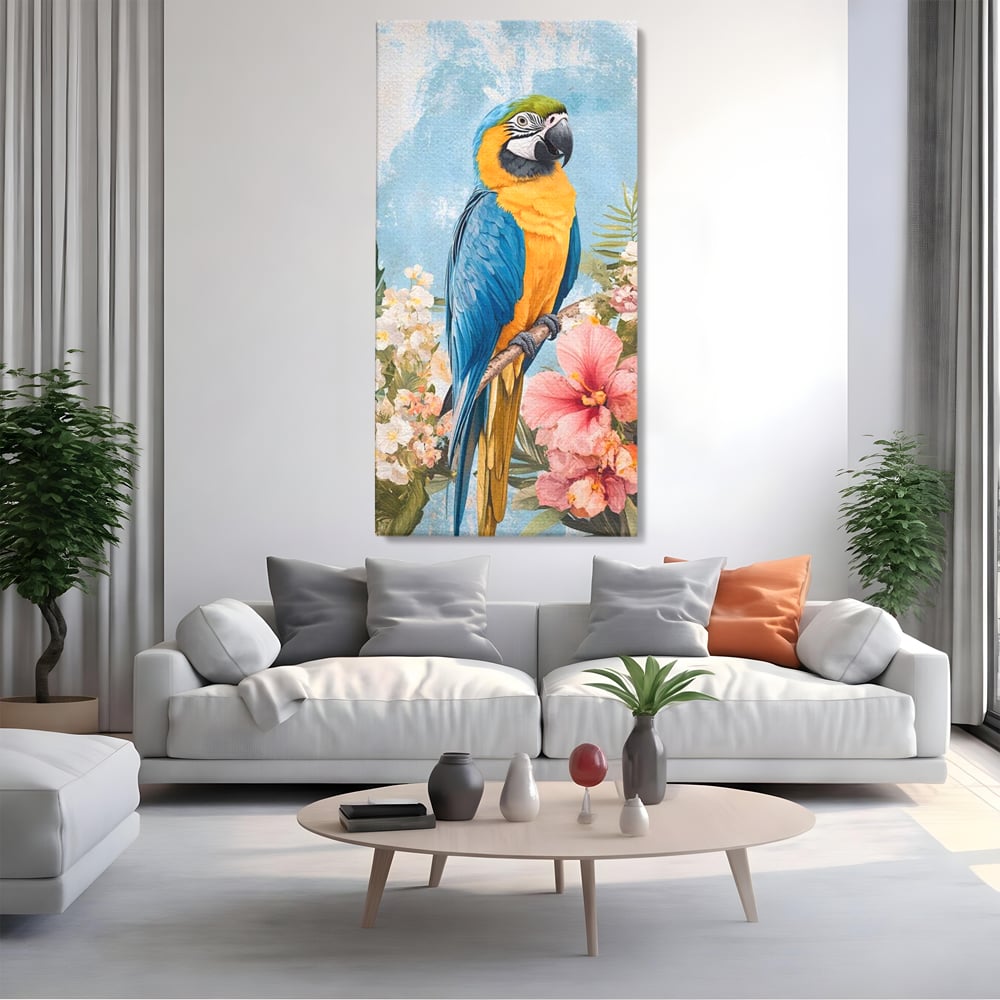 Tablou Canvas Premium, LuxCanva® M1100, Perla Amazonului, Papagal, Exotic, Flori, Frunze, Hibiscus, Acuarela, Jungla, Pastel, Vara, Anotimp, Pictura, Birou, Living, Camera Copil