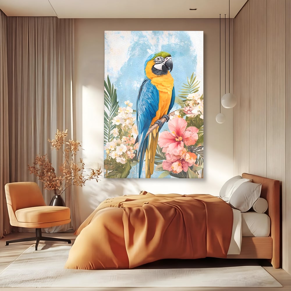 Tablou Canvas Premium, LuxCanva® M1100, Perla Amazonului, Papagal, Exotic, Flori, Frunze, Hibiscus, Acuarela, Jungla, Pastel, Vara, Anotimp, Pictura, Birou, Living, Camera Copil