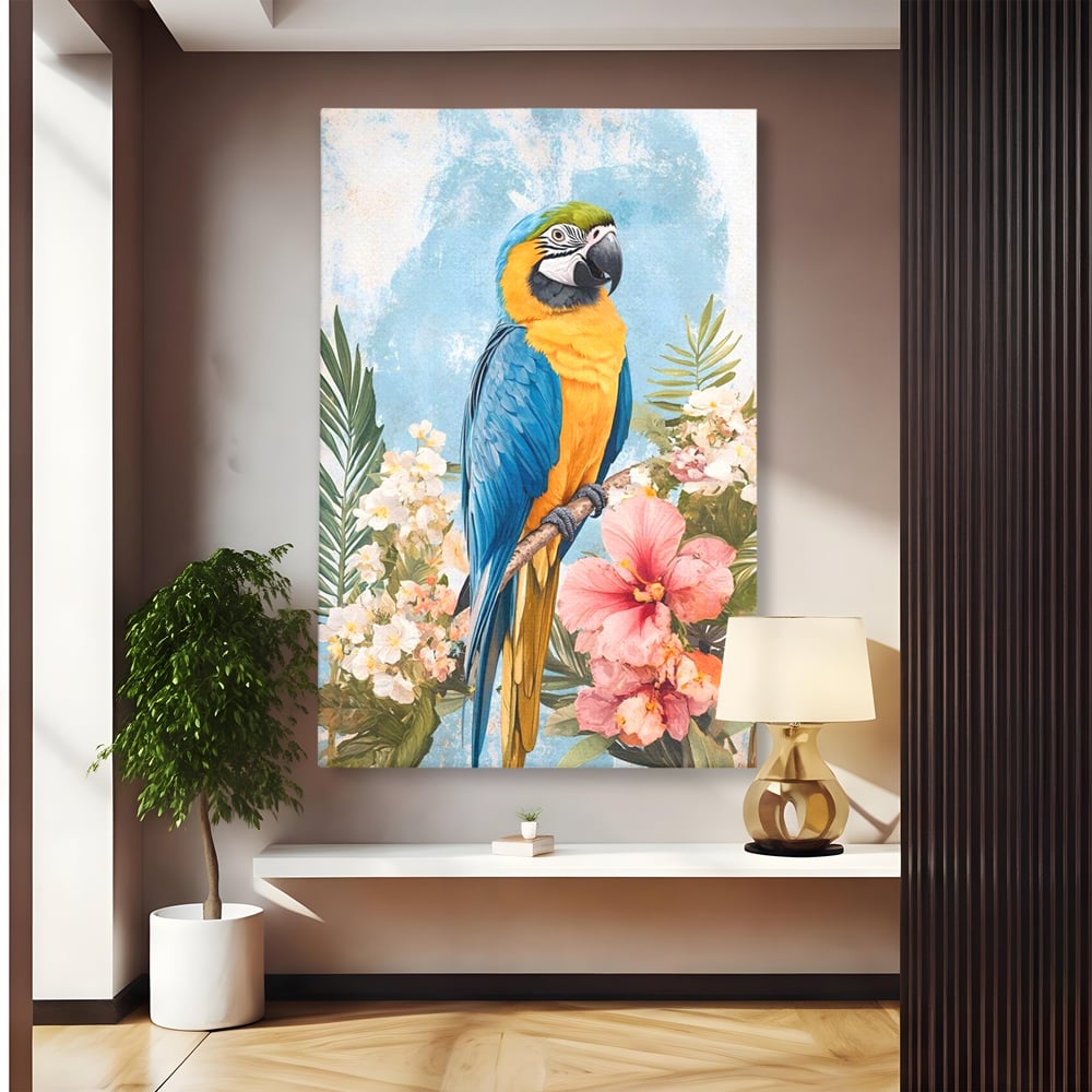 Tablou Canvas Premium, LuxCanva® M1100, Perla Amazonului, Papagal, Exotic, Flori, Frunze, Hibiscus, Acuarela, Jungla, Pastel, Vara, Anotimp, Pictura, Birou, Living, Camera Copil