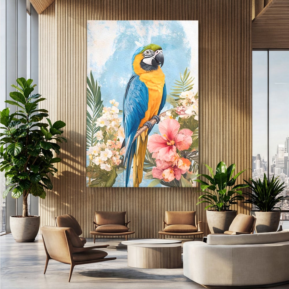Tablou Canvas Premium, LuxCanva® M1100, Perla Amazonului, Papagal, Exotic, Flori, Frunze, Hibiscus, Acuarela, Jungla, Pastel, Vara, Anotimp, Pictura, Birou, Living, Camera Copil