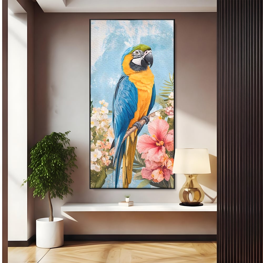 Tablou Canvas Premium, LuxCanva® M1100, Perla Amazonului, Papagal, Exotic, Flori, Frunze, Hibiscus, Acuarela, Jungla, Pastel, Vara, Anotimp, Pictura, Birou, Living, Camera Copil