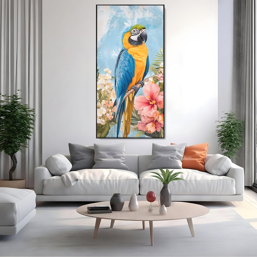 Tablou Canvas Premium, LuxCanva® M1100, Perla Amazonului, Papagal, Exotic, Flori, Frunze, Hibiscus, Acuarela, Jungla, Pastel, Vara, Anotimp, Pictura, Birou, Living, Camera Copil